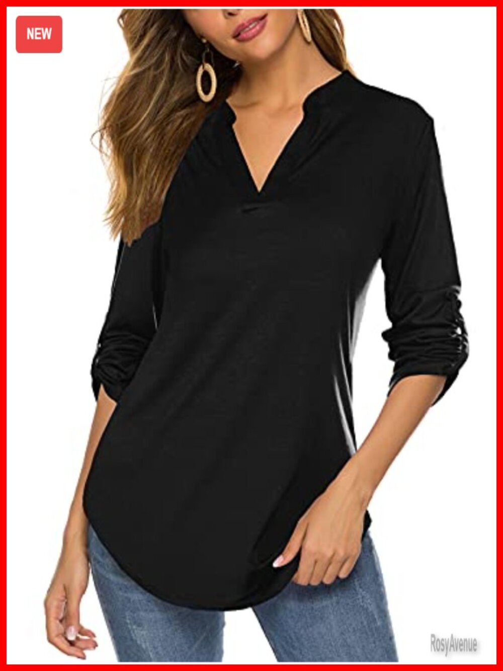 Womens Roll Up 3/4 Sleeve Floral Print V Neck Tunic Top Work Blouse
